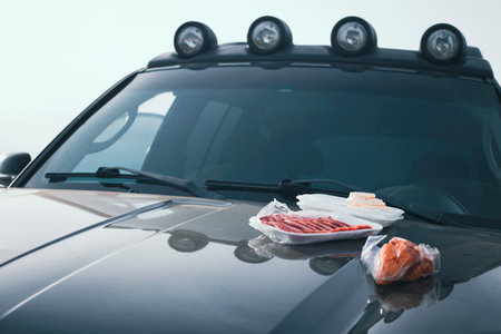 Lunch on the hood of a car during the dayの写真素材