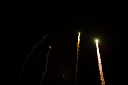 New year red fireworks at nightの写真素材