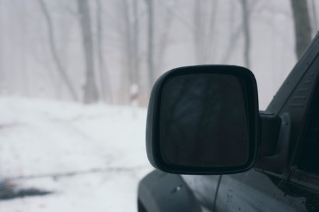 Side glass of a car. Against the backdrop of a winter forest in the fog
