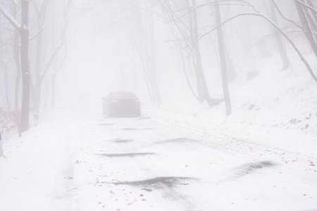 The car drives through the foggy forest in winterの写真素材
