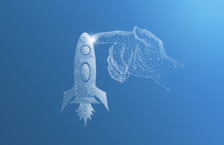 A hand from the net presses the rocket. Startup concept