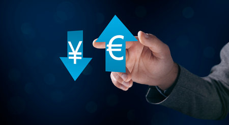 Yen and euro in arrows on a blue background. Man tapping on the screenの写真素材