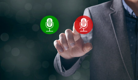 icons of enabled and disabled microphone. Man tapping on the screen