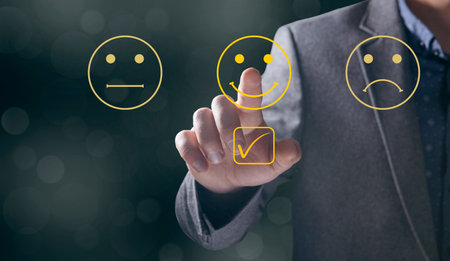 Emoticon icons and check mark. Quality control. Man tapping on the screen