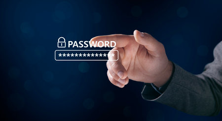 Password field and padlock. Man tapping on the screen