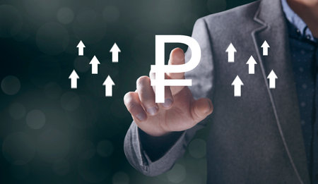 Ruble icon with up arrows. Rise of the currency. Man tapping on the screen