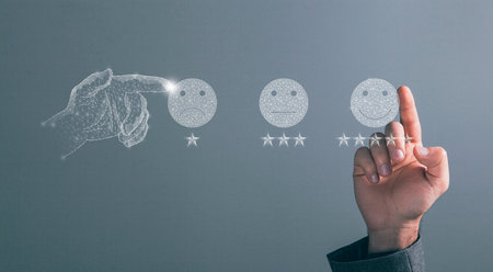 Stars and emoticons for evaluation from the web. Man tapping on the screen