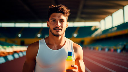 man with a bottle of water in the stadiumの素材