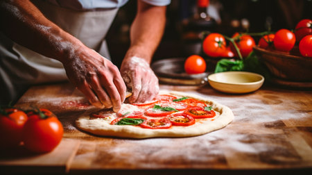 female chef cooking pizza in kitchen.の素材
