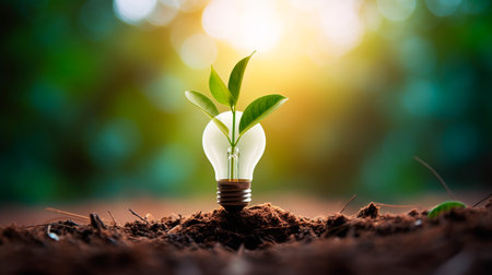 energy saving light bulb with green leaves on nature background.の素材