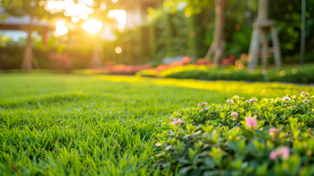 beautiful spring flowers on the green grass in the gardenの素材