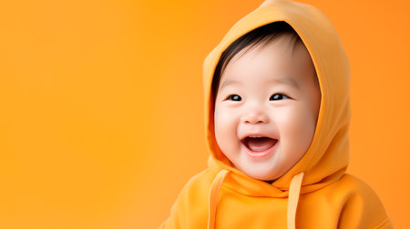 asian baby boy smiling on yellow backgroundの素材