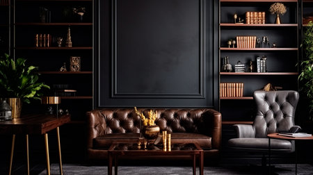 black leather sofa and armchair in modern interior design.の素材