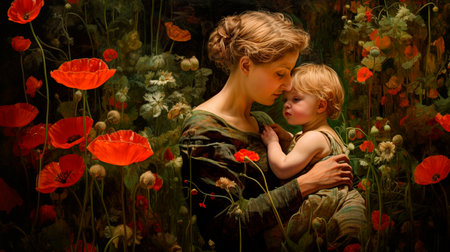 Child with flowers on a dark backgroundの素材