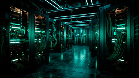 server racks with colorful lights in server roomの素材