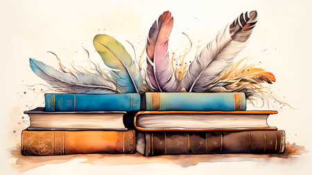 vintage watercolor illustration of a bird feather and a bookの素材