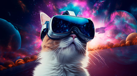 cat wearing virtual goggles and headphones.の素材