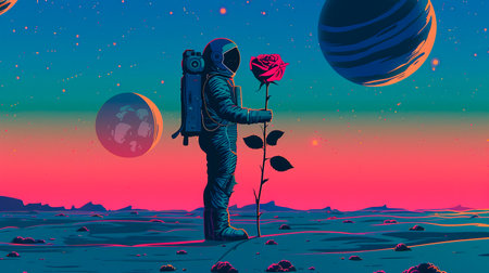astronaut on an alien planet holding a roseの素材