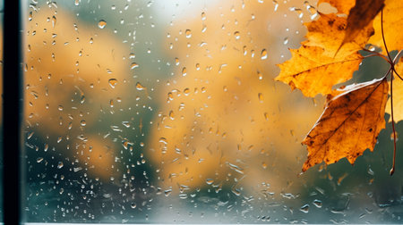 glass window with yellow autumn leavesの素材