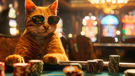 cat with a poker chips on a table in the casinoの素材