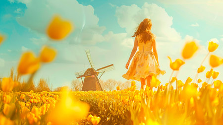 woman with yellow tulip flowersの素材