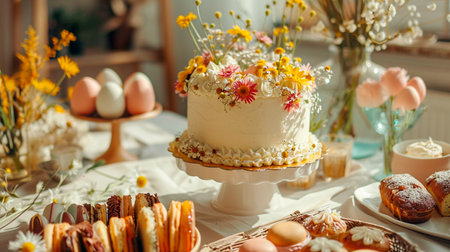 flowers and cake on a pink background with a bouquet of tulipsの素材