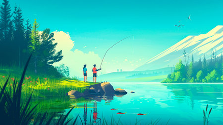 fisherman fishing on a lake in the morning.の素材