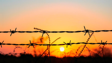 barbed wire fence at sunsetの素材