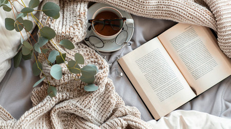 book and a knitted scarf on a white wooden table.の素材