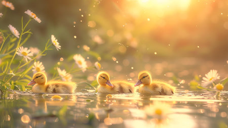 little ducklings on a lakeの素材