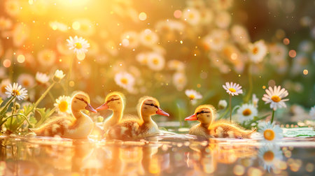 little ducklings on a lakeの素材