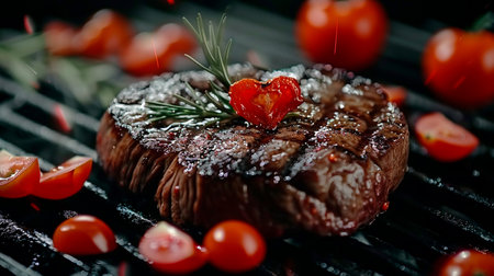 raw beef steak on a wooden board with spices and tomatoesの素材