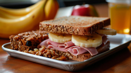 bananas and sandwich on the table, breakfast conceptの素材