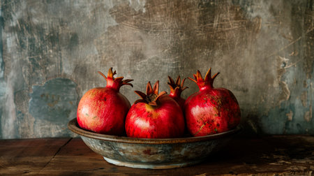 still life with ripe red pomegranate on the old wooden tableの素材