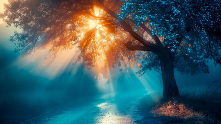 night landscape. the trees in the fog and reflection in the water.の素材