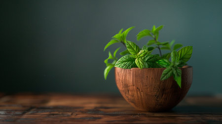 fresh mint in a wooden bowl on a dark backgroundの素材