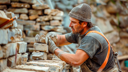 man working with a large stone in the gardenの素材