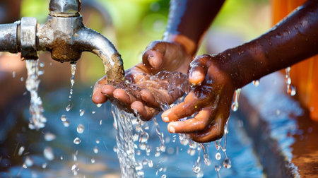 close up view of a hand washing the faucetの素材