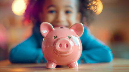 child holding coin in piggy bank with blurred homeの素材