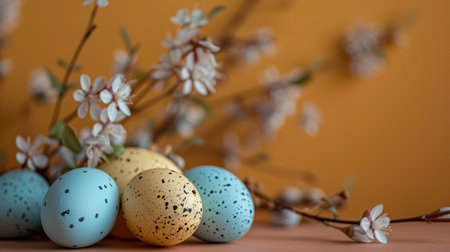 easter holiday concept with eggs and flowers on wooden tableの素材