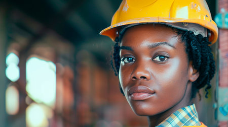 portrait of young african american woman in construction siteの素材