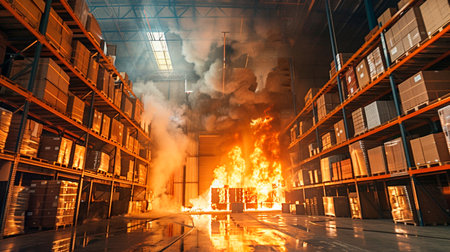 A large warehouse is on fireの素材