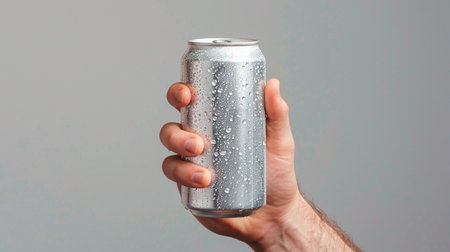 close - up of hand holding a beer can with a dropsの素材