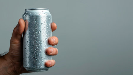 close - up of hand holding a beer can with a dropsの素材