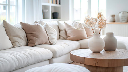 modern living room interior with wooden armchair and plant on white wallの素材