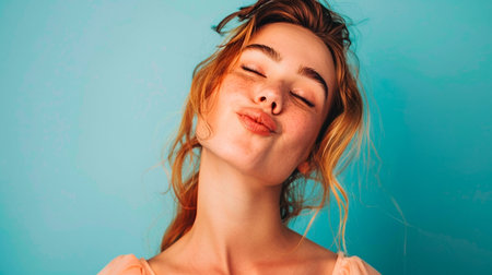 beautiful girl in a pink sweater with a blue lips and a cute smile on her faceの素材