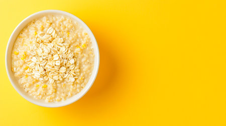 bowl of oatmeal on a yellow background. oatmeal porridge. top viewの素材