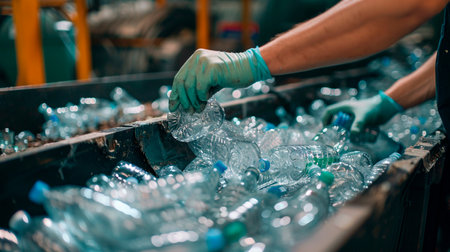 plastic bottles in the hands of an industrial plant.の素材