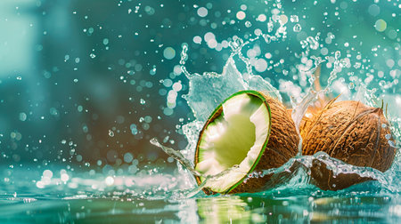fresh coconuts on water splash.の素材