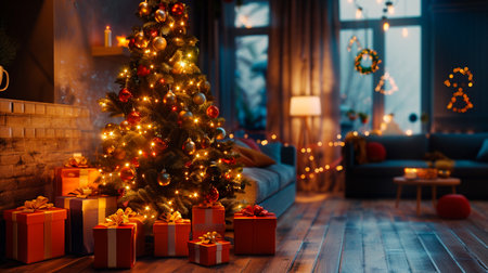 red christmas tree and gifts for holidayの素材